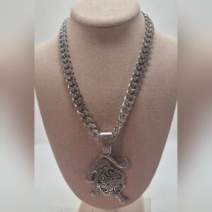 18 Inch Cuban White Iced Out GF Cuban Chain W/ Lion Pendant